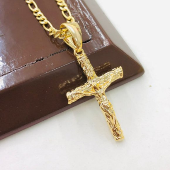 Yellow Gold Filled Rustic Cross Necklace with Figaro Chain 24" for Mens Womens - Picture 3 of 8